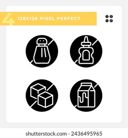 2D pixel perfect glyph style icons set representing allergen free, simple silhouette illustration.