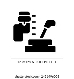 2D pixel perfect glyph style car gear box icon, isolated vector, simple silhouette illustration representing car service and repair.