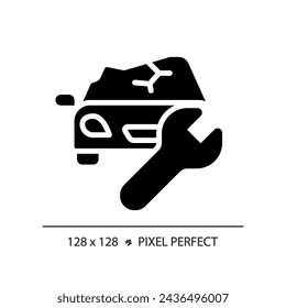 2D pixel perfect glyph style car damage icon, isolated vector, simple silhouette illustration representing car service and repair.