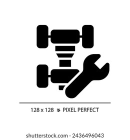 2D pixel perfect glyph style car chassis repair icon, isolated vector, simple silhouette illustration representing car service and repair.