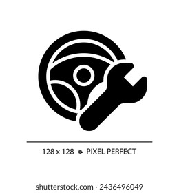 2D pixel perfect glyph style steering wheel repair icon, isolated vector, simple silhouette illustration representing car service and repair.