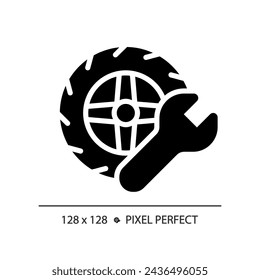 2D pixel perfect glyph style wheel repair icon, isolated vector, simple silhouette illustration representing car service and repair.