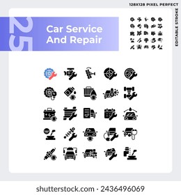 2D Pixel perfekte Glyphe Stil Icons Pack, die Autoreparatur und Service darstellen, einfache Silhouette Illustration.