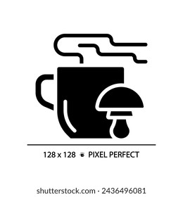 2D pixel perfect glyph style mushroom tea icon, isolated vector, silhouette illustration representing allergen free.