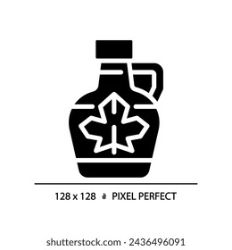Icono de jarabe de arce de estilo glifo perfecto de píxel 2D, vector aislado, ilustración de silueta que representa el alérgeno libre.