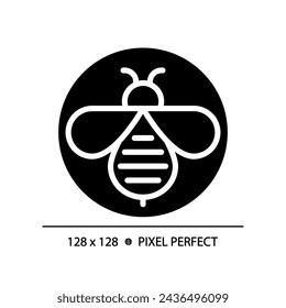 Icono de abeja de estilo glifo perfecto de píxel 2D, vector aislado, ilustración de silueta que representa libre de alérgenos.