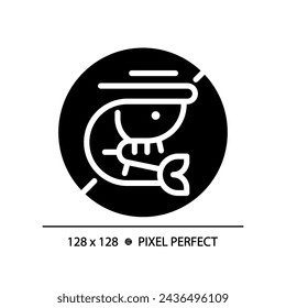 2D pixel perfect glyph style shrimp free icon, isolated vector, silhouette illustration representing allergen free.