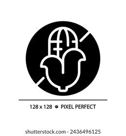 2D pixel perfect glyph style corn free icon, isolated vector, silhouette illustration representing allergen free.