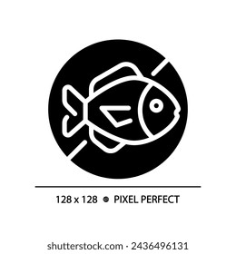 2D pixel perfect glyph style fish free icon, isolated vector, silhouette illustration representing allergen free.
