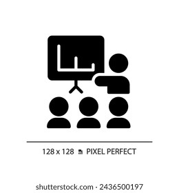 2D pixel perfect glyph style public speaking icon, isolated vector, silhouette illustration representing soft skills.