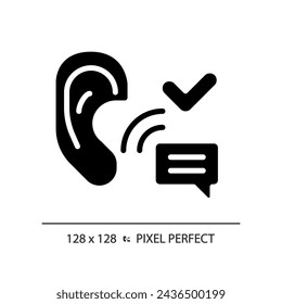 2D pixel perfect glyph style active listening icon, isolated vector, silhouette illustration representing soft skills.