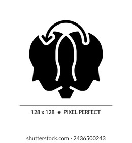 2D pixel perfect glyph style sharing icon, isolated vector, silhouette illustration representing soft skills.