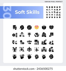 2D pixel perfect glyph style icons pack representing soft skills, black silhouette illustration.