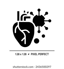 2D pixel perfect glyph style heart with virus icon, isolated vector, simple silhouette illustration representing bacteria.