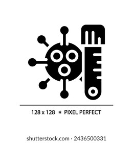 2D Pixel perfekte Glyph-Stil Virus mit Röhrchen-Symbol, isolierter Vektor, einfache Silhouetten-Illustration, die Bakterien darstellt.