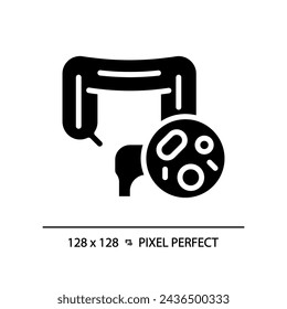 2D pixel perfect glyph style intestine with bacteria icon, isolated vector, simple silhouette illustration representing bacteria.