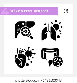 2D pixel perfect glyph style icons set representing bacteria, simple silhouette illustration.