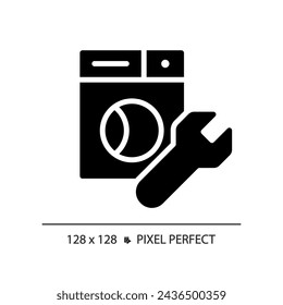 Icono de reparación de lavadora de estilo glifo perfecto de píxel 2D, vector aislado, ilustración de silueta simple que representa plomería.