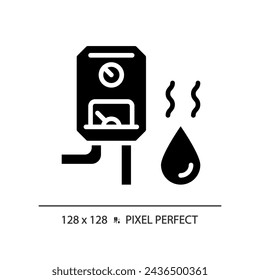 2D pixel perfect glyph style water heater icon, isolated vector, simple silhouette illustration representing plumbing.