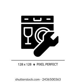 2D Pixel perfekte Glyphe Stil Geschirrspüler-Symbol, isolierter Vektor, einfache Silhouette Illustration, die Klempner darstellt.