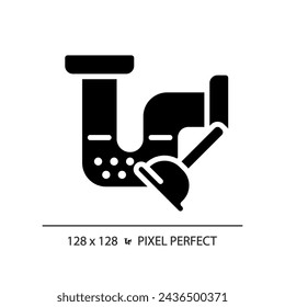 2D pixel perfect glyph style drain blockage and plunger icon, isolated vector, simple silhouette illustration representing plumbing.