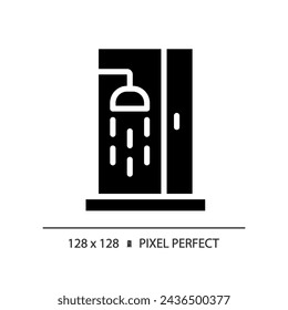 2D Pixel perfekte Glyphe Stil Duschsymbol, isolierter Vektor, einfache Silhouette Illustration, die Klempner darstellt.