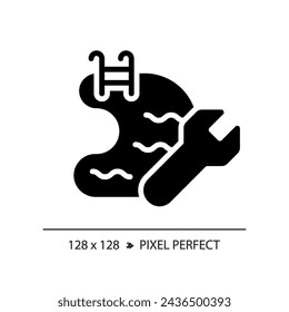 2D pixel perfect glyph style swimming pool maintenance icon, isolated vector, simple silhouette illustration representing plumbing.