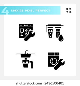 Conjunto de iconos de estilo de glifo perfecto de píxel 2D que representan fontanería, ilustración de silueta simple.