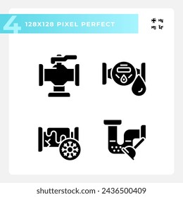 2D pixel perfect glyph style icons set representing plumbing, simple silhouette illustration.