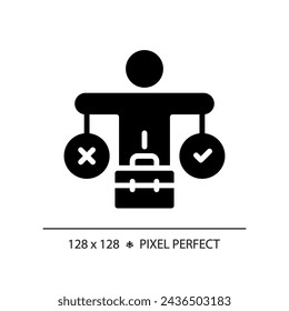 2D pixel perfect glyph style decision making icon, isolated vector, silhouette illustration representing soft skills.