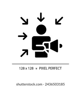 2D pixel perfect glyph style promotion icon, isolated vector, silhouette illustration representing soft skills.