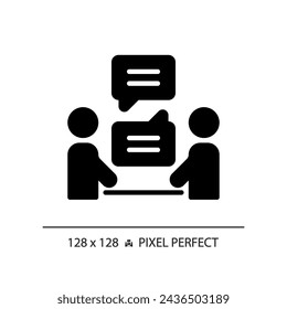 2D pixel perfect glyph style communication icon, isolated vector, silhouette illustration representing soft skills.