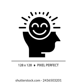 2D pixel perfect glyph style positive thinking icon, isolated vector, silhouette illustration representing soft skills.