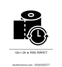 2D pixel perfect glyph style toilet paper with clock icon, isolated silhouette vector, simple illustration representing metabolic health.
