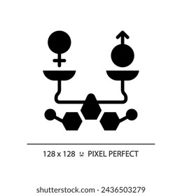 2D pixel perfect glyph style molecules with male and female balance icon, isolated silhouette vector, simple illustration representing metabolic health.