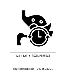 2D Pixel perfekte Glyphe Stil Magen mit Zeit-Ikone, isolierte Silhouette Vektor, einfache Illustration, die metabolische Gesundheit darstellt.