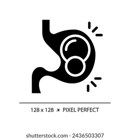 2D Pixel perfekte Glyphe Stil Pillen in Magen-Ikone, isolierte Silhouette Vektor, einfache Illustration, die metabolische Gesundheit darstellt.