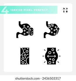 2D pixel perfect glyph style icons set representing metabolic health, silhouette illustration.