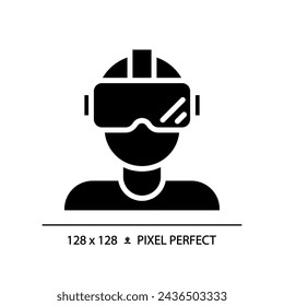 Icono de simulador de realidad virtual de estilo glifo perfecto de píxel 2D, vector aislado, ilustración de silueta que representa VR, AR y MR