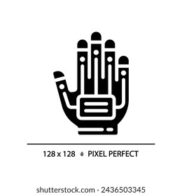 2D pixel perfect glyph style haptic glove icon, isolated vector, silhouette illustration representing VR, AR and MR.