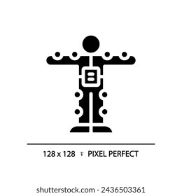 2D pixel perfect glyph style motion capture suit icon, isolated vector, silhouette illustration representing VR, AR and MR.