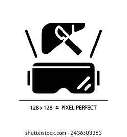 2D pixel perfect glyph style futuristic device and VR goggles icon, isolated vector, silhouette illustration representing VR, AR and MR.
