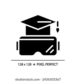 2D pixel perfect glyph style VR goggles and education icon, isolated vector, silhouette illustration representing VR, AR and MR.