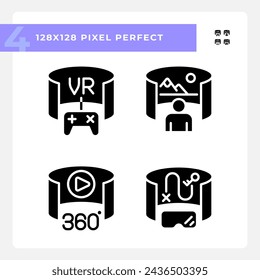 2D pixel perfect glyph style icons set representing VR, AR and MR, silhouette illustration.