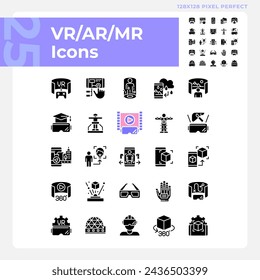 2D Pixel perfekte Glyphe Stil Icons Pack für VR, AR und MR, Silhouette Illustration.