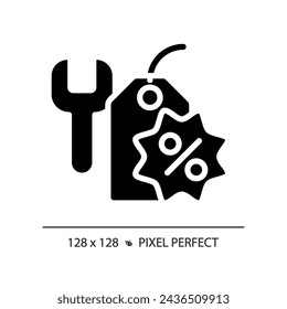 2D pixel perfect glyph style tools discount icon, isolated black vector, silhouette illustration representing discounts.