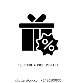 2D pixel perfect glyph style gift hamper icon, isolated black vector, silhouette illustration representing discounts.