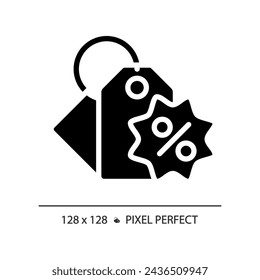 2D pixel perfect glyph style price tag icon, isolated black vector, silhouette illustration representing discounts.