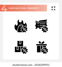 2D pixel perfect glyph style icons set representing discounts, solid illustration.