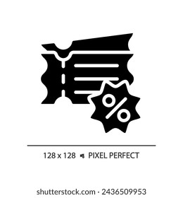 2D pixel perfect glyph style discount coupons icon, isolated black vector, silhouette illustration representing discounts.